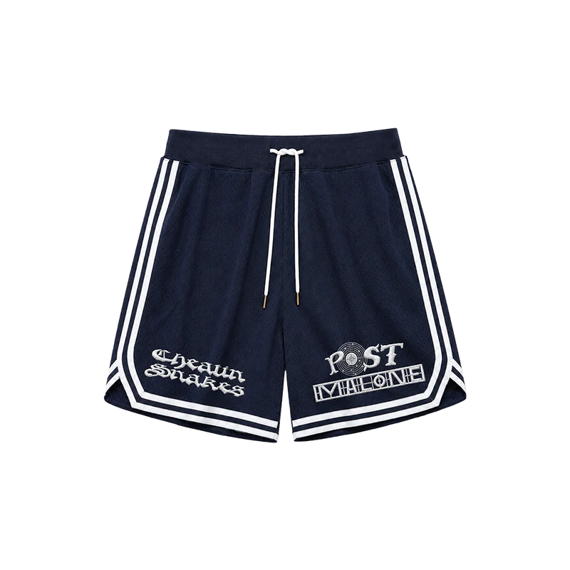 Front view of navy Post Malone x Cheatin Snakes mesh shorts with white piping, drawstring, and embroidered logo graphics.
