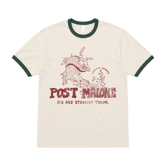 Front view of Post Malone x Cheatin Snakes ringer T-shirt with red fish graphic, green contrast trim, and tour lettering.