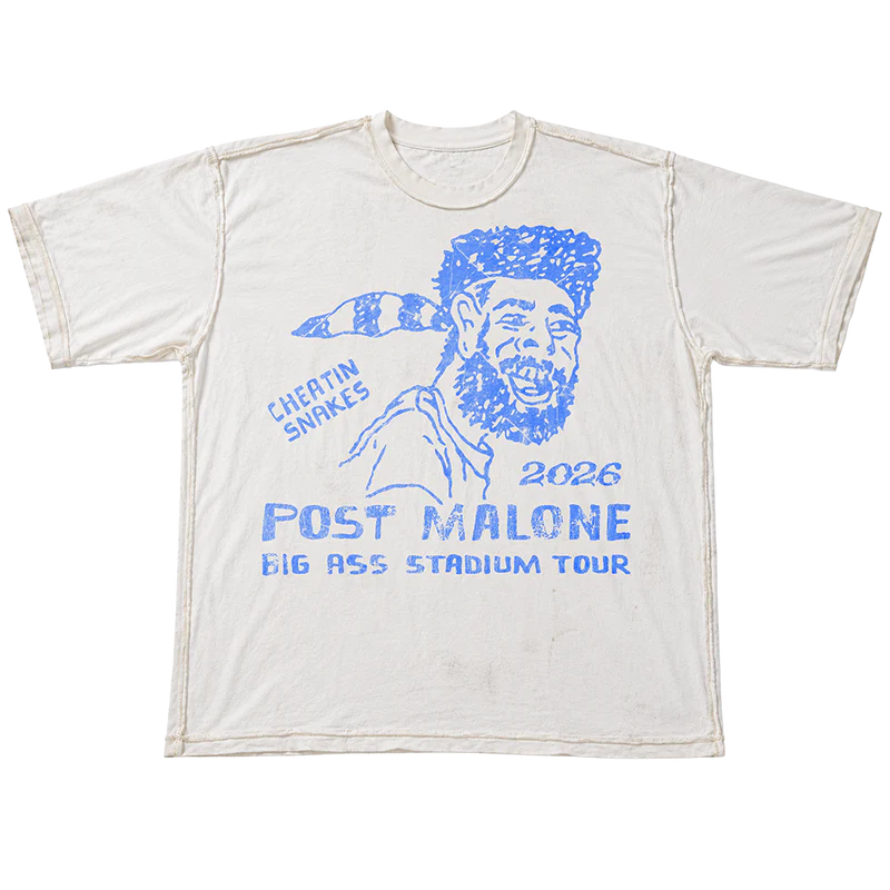 Front view of Post Malone x Cheatin Snakes white T-shirt with distressed blue portrait and Big Ass Stadium Tour 2026 graphic.