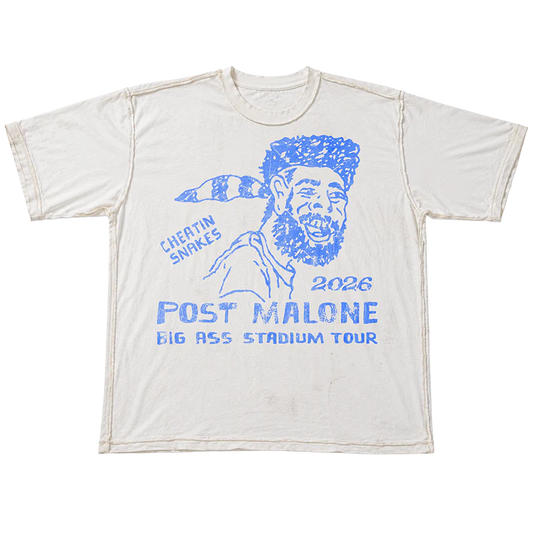 Front view of Post Malone x Cheatin Snakes white T-shirt with distressed blue portrait and Big Ass Stadium Tour 2026 graphic.