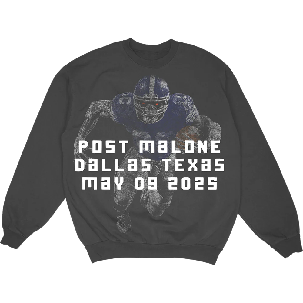Black Post Malone crewneck sweatshirt with Dallas Cowboys football player graphic and May 09 2025 tour artwork