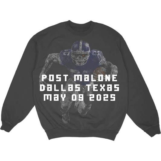 Black Post Malone crewneck sweatshirt with Dallas Cowboys football player graphic and May 09 2025 tour artwork
