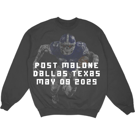 Black Post Malone crewneck sweatshirt with Dallas Cowboys football player graphic and May 09 2025 tour artwork
