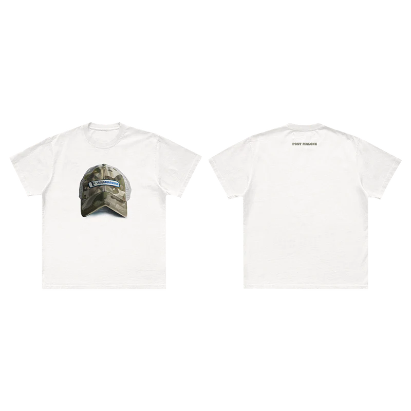 Front view of white Post Malone Emblem Hat Painting graphic tee featuring camouflage F-1 Trillion hat artwork and minimalist streetwear design