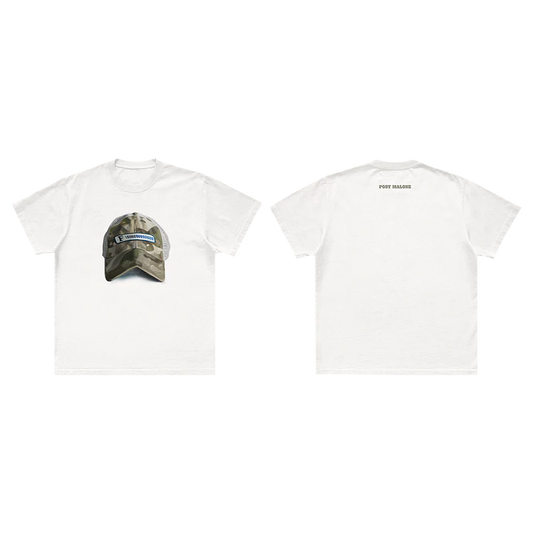 Front view of white Post Malone Emblem Hat Painting graphic tee featuring camouflage F-1 Trillion hat artwork and minimalist streetwear design