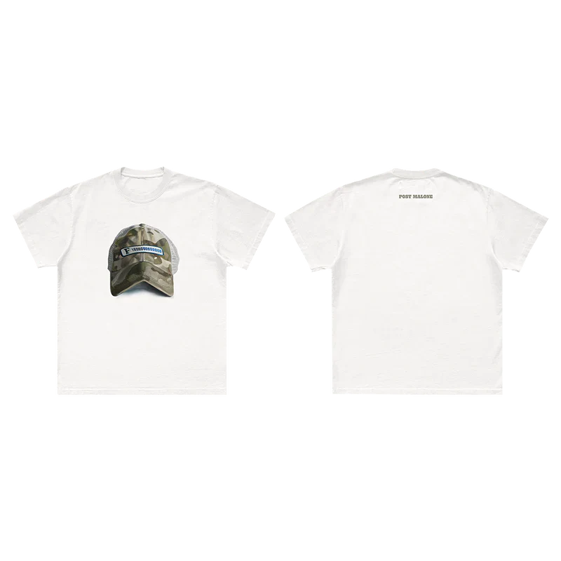 Front view of white Post Malone Emblem Hat Painting graphic tee featuring camouflage F-1 Trillion hat artwork and minimalist streetwear design