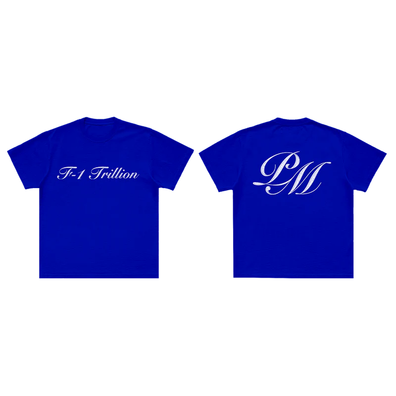 Blue Post Malone F-1 Trillion official t-shirt set featuring minimalist cursive logo and oversized PM monogram back graphic