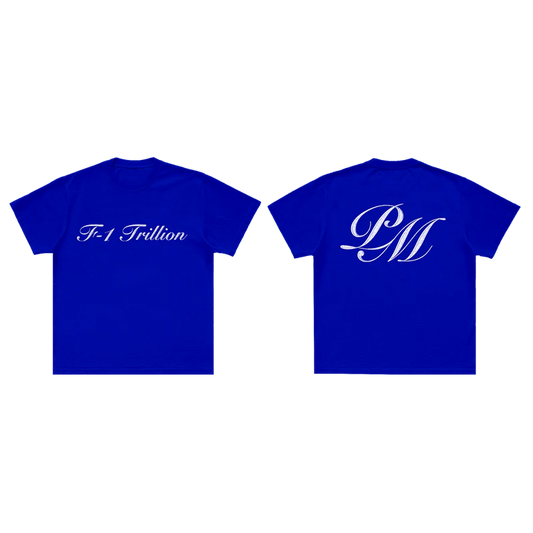 Blue Post Malone F-1 Trillion official t-shirt set featuring minimalist cursive logo and oversized PM monogram back graphic