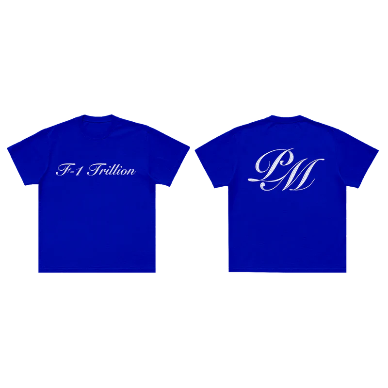 Blue Post Malone F-1 Trillion official t-shirt set featuring minimalist cursive logo and oversized PM monogram back graphic