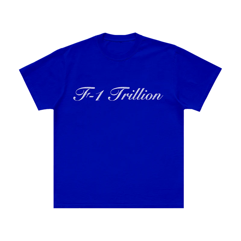 Front view of blue Post Malone F-1 Trillion tee with elegant cursive lettering and clean country-inspired streetwear style