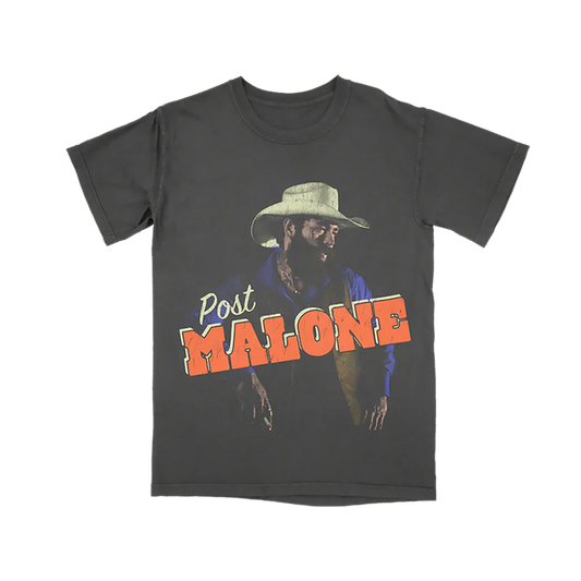 Vintage black Post Malone F-1 Trillion photo graphic tee with cowboy-inspired portrait artwork and western streetwear aesthetic