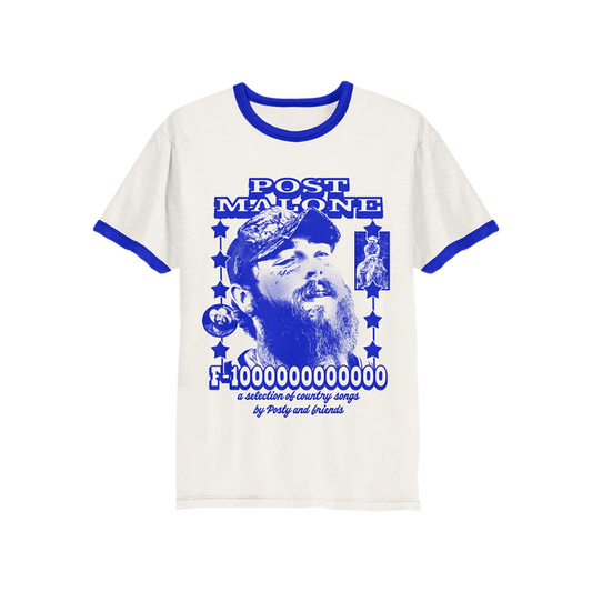 White and blue Post Malone F-1 Trillion ringer t-shirt with vintage country graphic and retro western-inspired tour artwork