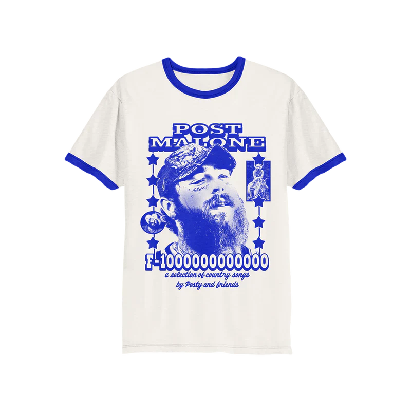 White and blue Post Malone F-1 Trillion ringer t-shirt with vintage country graphic and retro western-inspired tour artwork