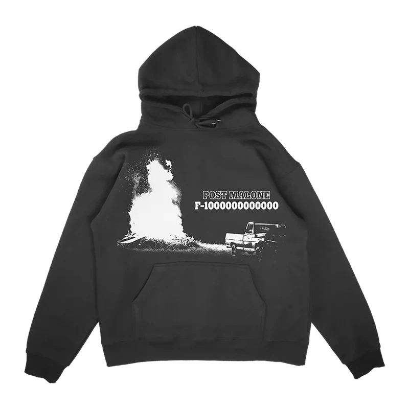 Front view of black Post Malone F-1 Trillion streetwear hoodie featuring bonfire truck graphic and western-inspired album artwork design