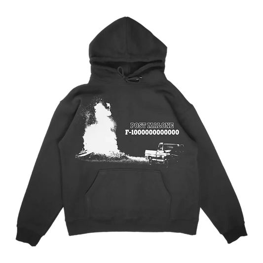 Front view of black Post Malone F-1 Trillion streetwear hoodie featuring bonfire truck graphic and western-inspired album artwork design