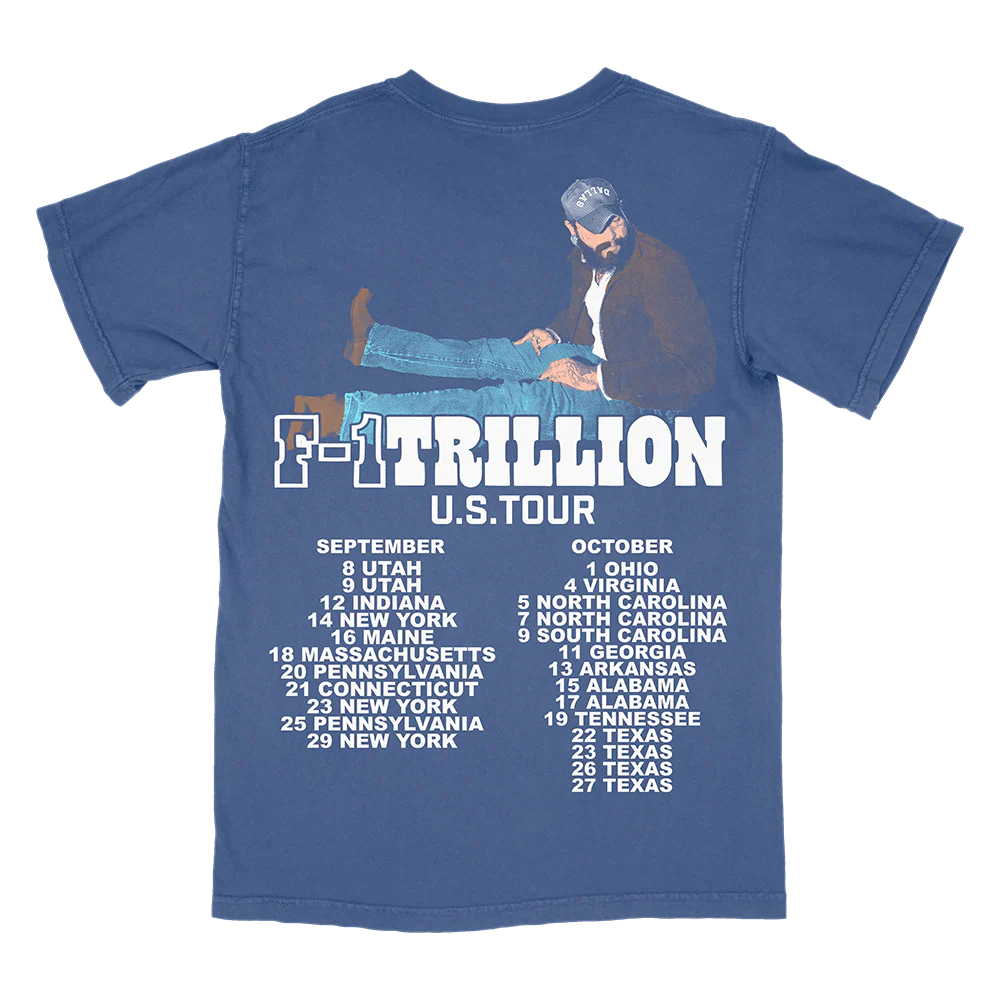 Back view of blue Post Malone F-1 Trillion U.S. Tour tee featuring tour dates and oversized western-style graphic print