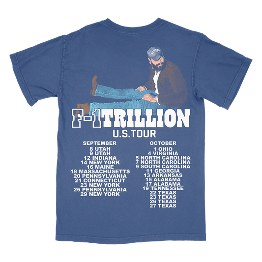 Back view of blue Post Malone F-1 Trillion U.S. Tour tee featuring tour dates and oversized western-style graphic print