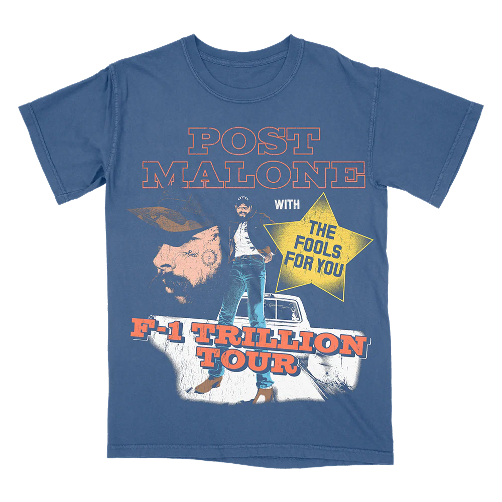 Blue Post Malone F-1 Trillion Tour collage tee with western-inspired graphics, vintage truck artwork, and country tour aesthetic