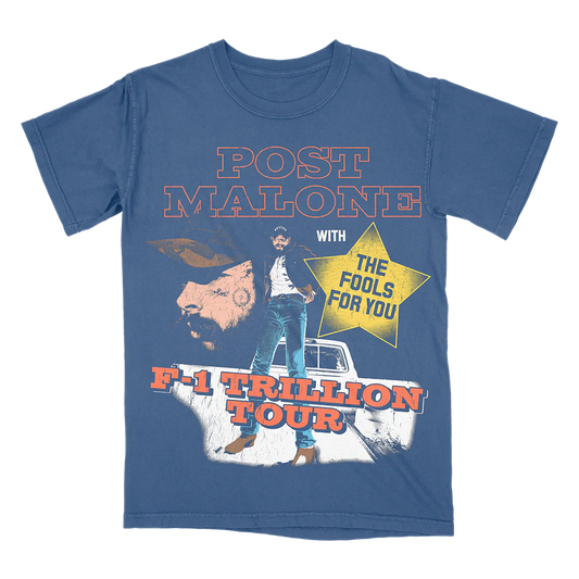 Blue Post Malone F-1 Trillion Tour collage tee with western-inspired graphics, vintage truck artwork, and country tour aesthetic
