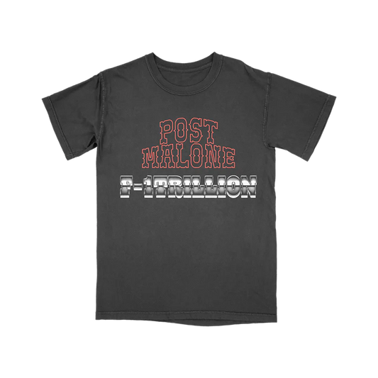 Vintage black Post Malone F-1 Trillion tracklist tee with western-inspired graphics and album song list back print