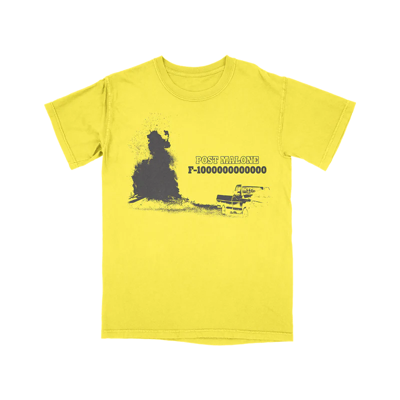 Yellow Post Malone F-1 Trillion graphic tee with western truck artwork and vintage country tour streetwear design