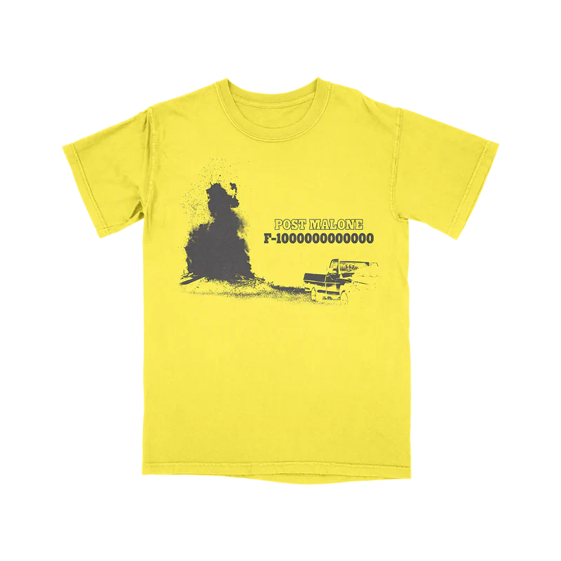 Yellow Post Malone F-1 Trillion graphic tee with western truck artwork and vintage country tour streetwear design