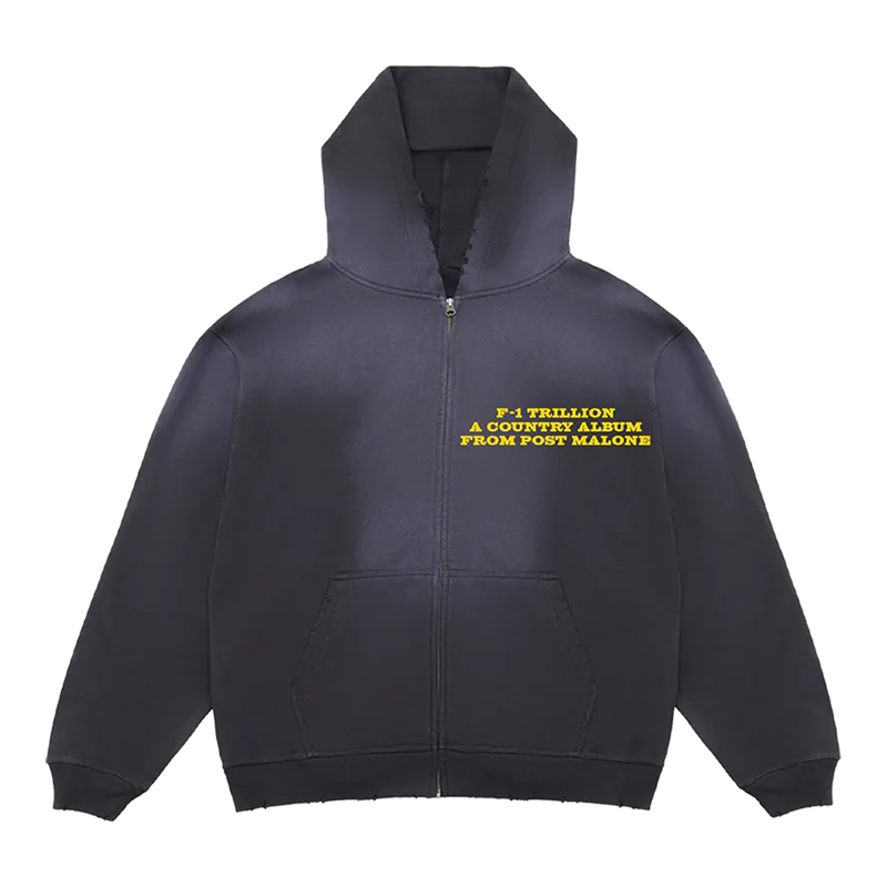 Front view of black Post Malone F-1 Trillion zip up hoodie featuring yellow country album text and minimalist western-inspired streetwear design