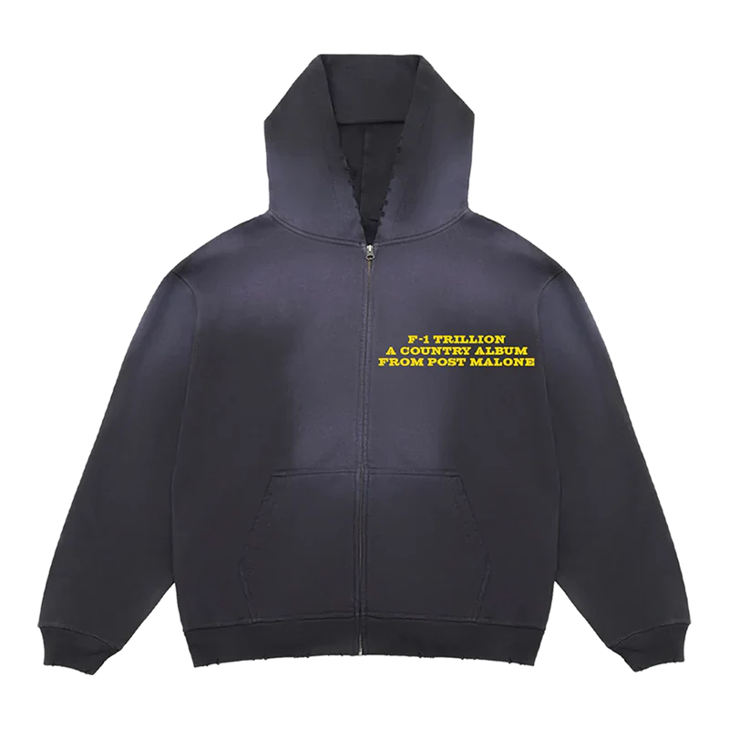 Front view of black Post Malone F-1 Trillion zip up hoodie featuring yellow country album text and minimalist western-inspired streetwear design