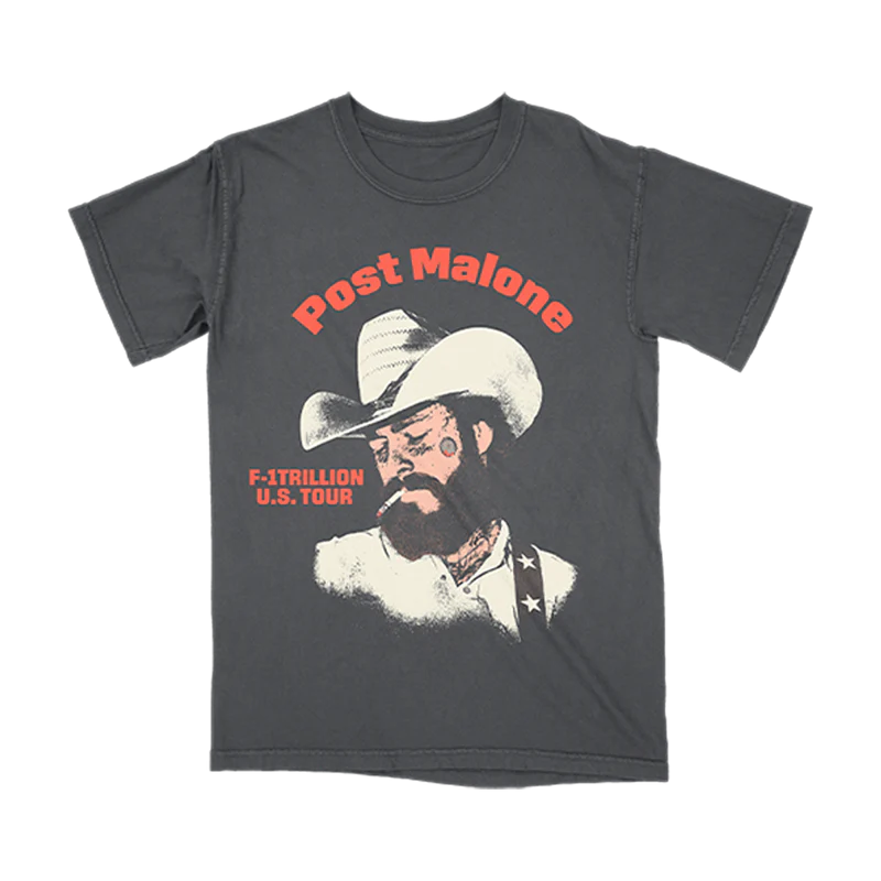 Black Post Malone tour tee with cowboy portrait graphic and F-1 Trillion U.S. Tour western-inspired artwork