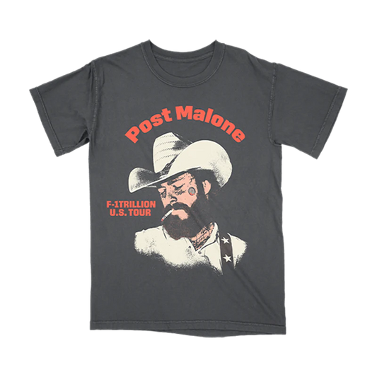 Black Post Malone tour tee with cowboy portrait graphic and F-1 Trillion U.S. Tour western-inspired artwork