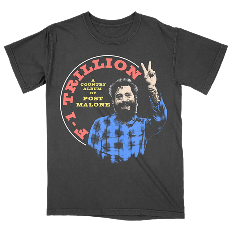 Black Post Malone F-1 Trillion graphic tee with peace sign portrait and vintage country album inspired artwork