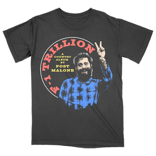Black Post Malone F-1 Trillion graphic tee with peace sign portrait and vintage country album inspired artwork
