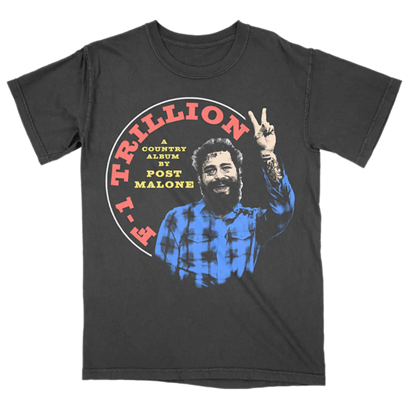 Black Post Malone F-1 Trillion graphic tee with peace sign portrait and vintage country album inspired artwork