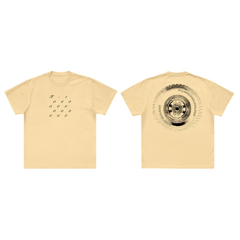Cream Post Malone F-1 Trillion graphic tee with minimalist numeric front print and vintage tire artwork back design