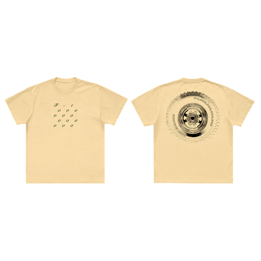 Cream Post Malone F-1 Trillion graphic tee with minimalist numeric front print and vintage tire artwork back design