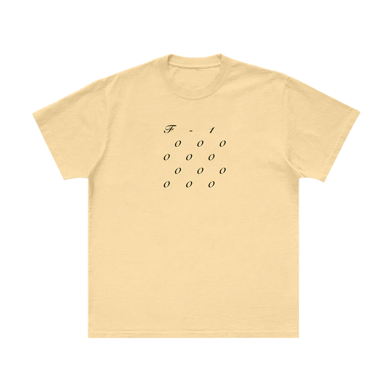 Front view of cream Post Malone merch tee with minimal F-1 Trillion stacked numeric graphic and relaxed fit