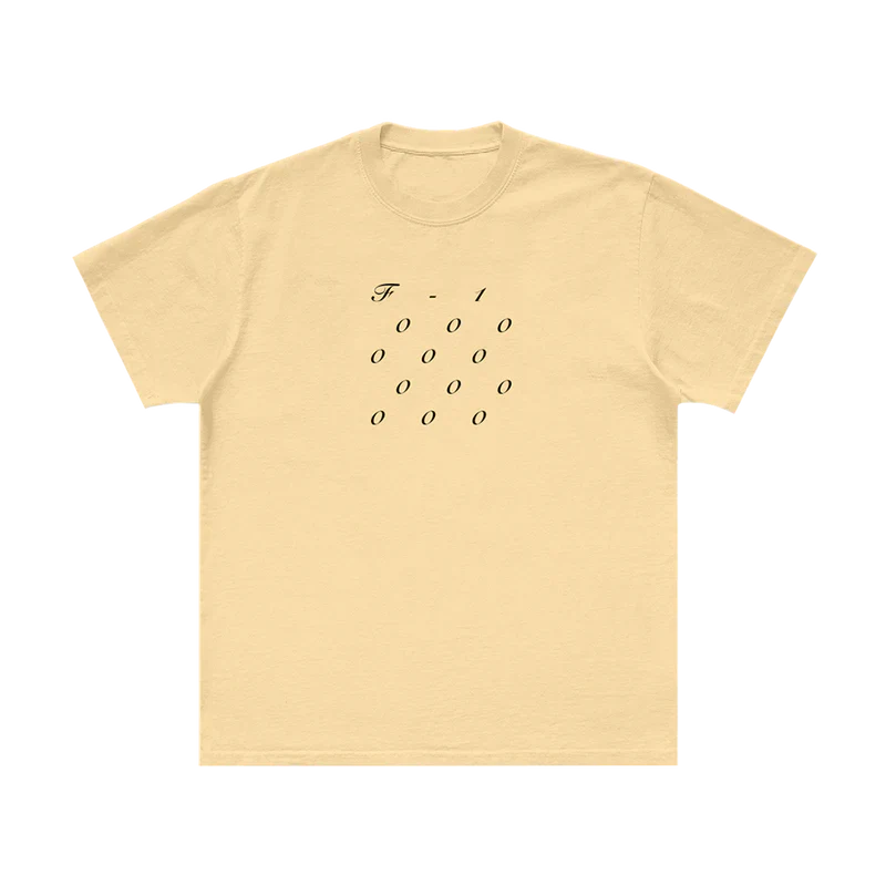 Front view of cream Post Malone merch tee with minimal F-1 Trillion stacked numeric graphic and relaxed fit