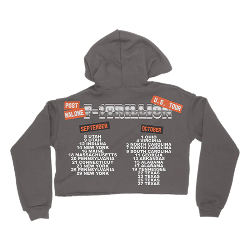 Back view of grey Post Malone crop hoodie with F-1 Trillion tour dates and oversized western-inspired graphics