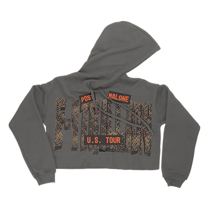 Grey cropped Post Malone hoodie with F-1 Trillion U.S. Tour graphic and bold western streetwear lettering