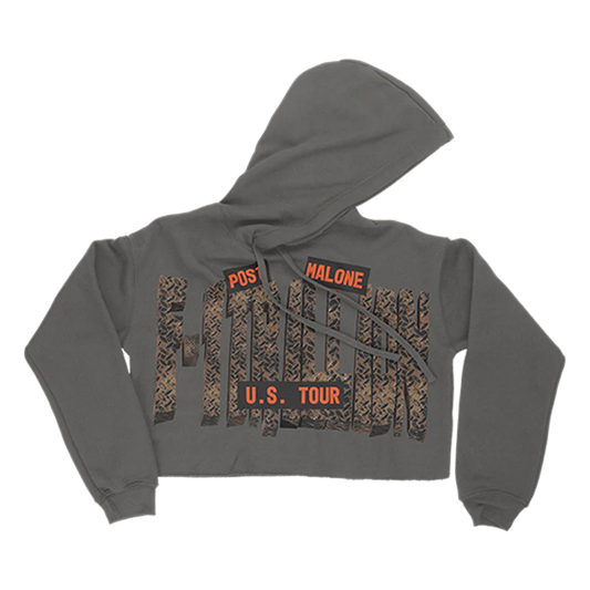Grey cropped Post Malone hoodie with F-1 Trillion U.S. Tour graphic and bold western streetwear lettering