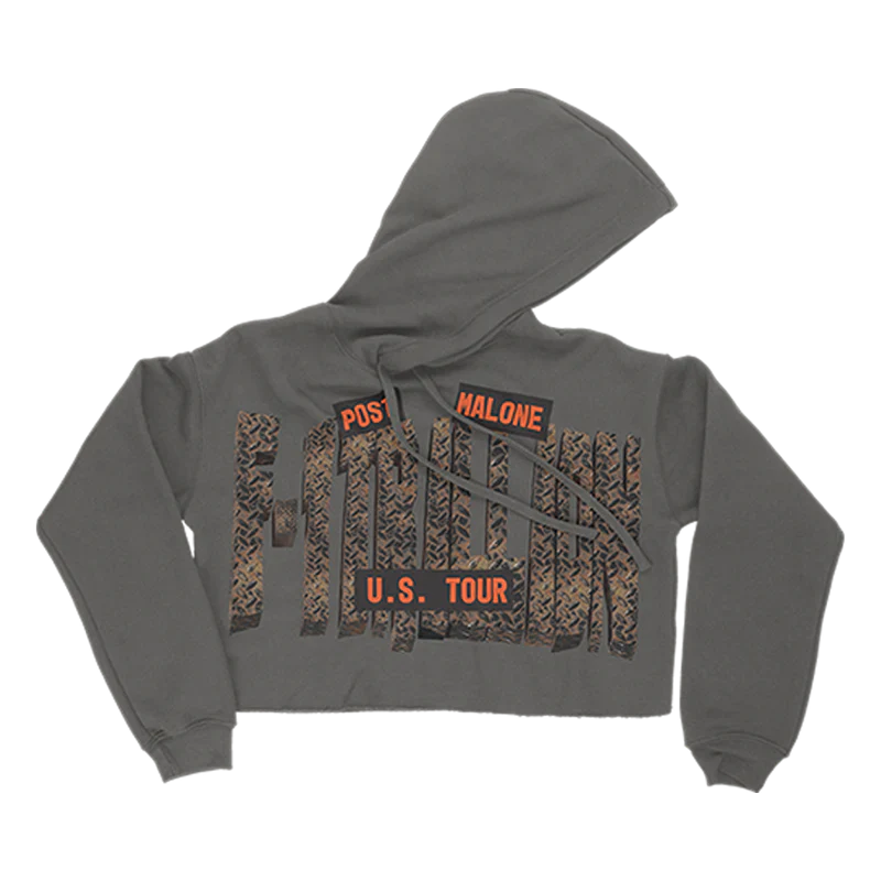 Grey cropped Post Malone hoodie with F-1 Trillion U.S. Tour graphic and bold western streetwear lettering