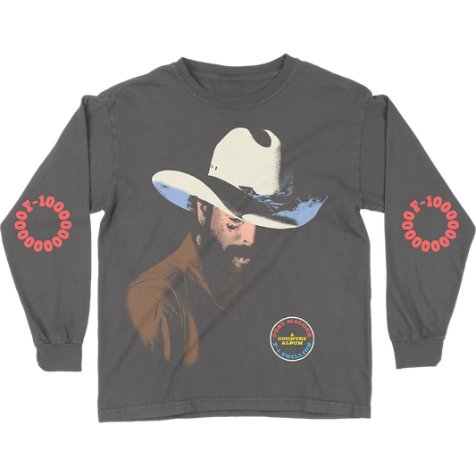 Grey Post Malone long sleeve shirt with cowboy portrait graphic and F-1 Trillion country album western artwork