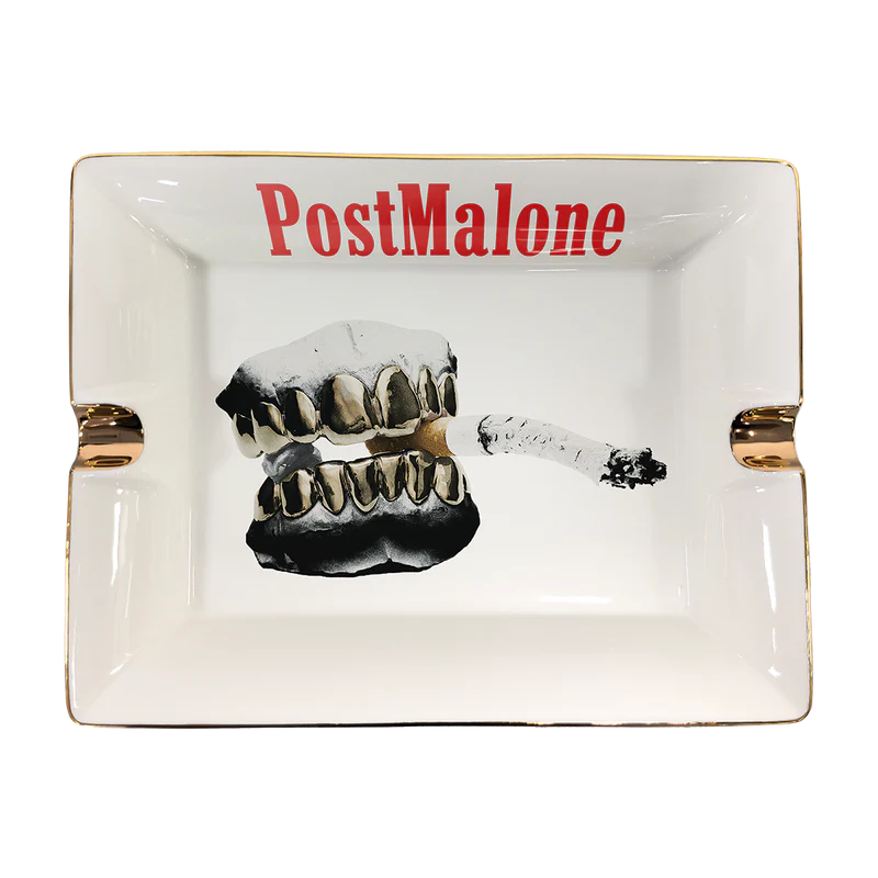 White Post Malone collectible ashtray with metallic grill artwork and Go Flex inspired smoking graphic design