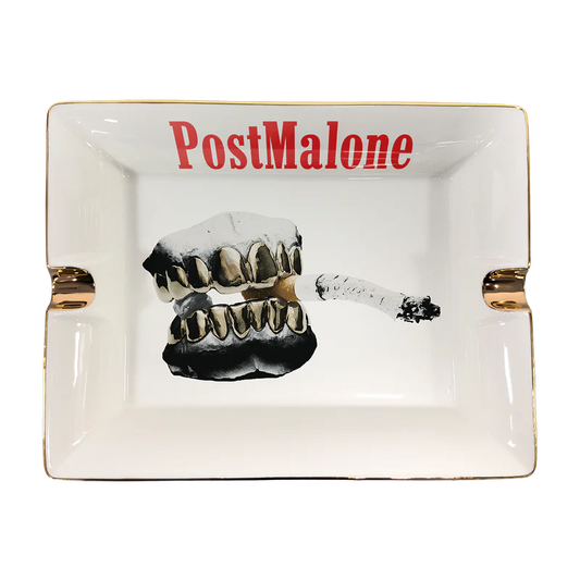 White Post Malone collectible ashtray with metallic grill artwork and Go Flex inspired smoking graphic design