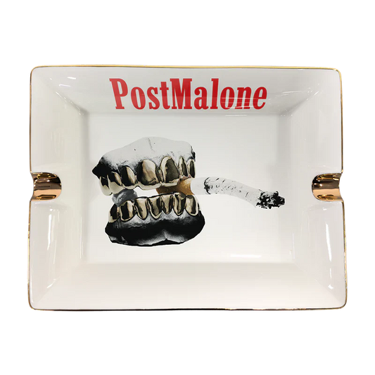 White Post Malone collectible ashtray with metallic grill artwork and Go Flex inspired smoking graphic design