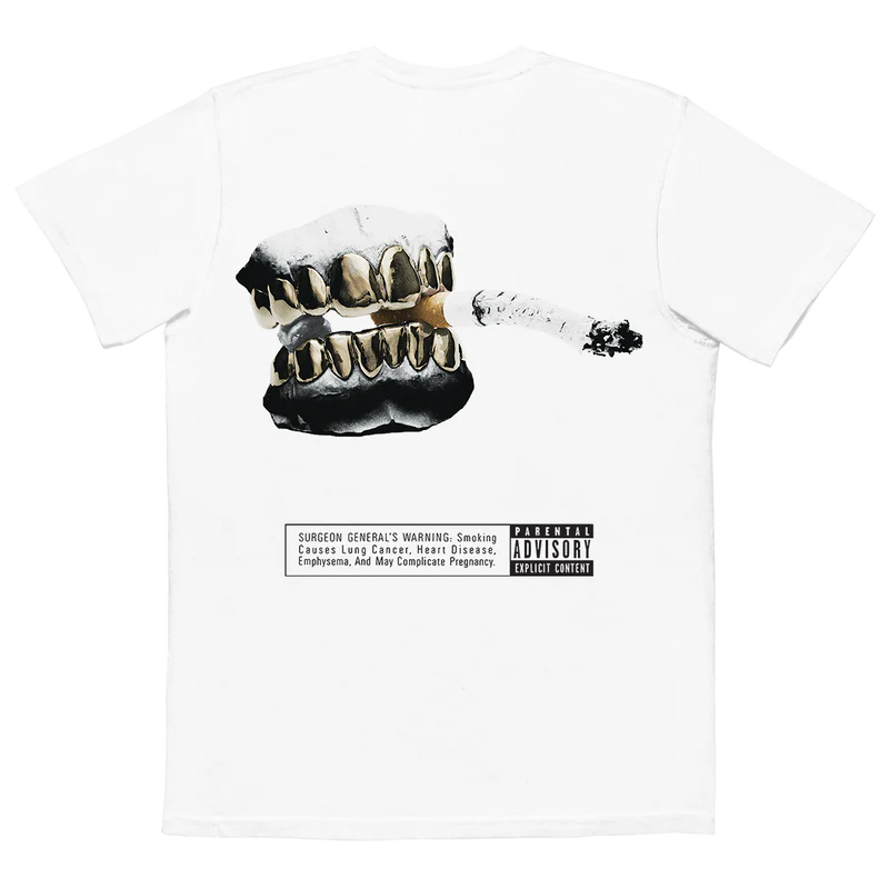 White Post Malone graphic tee back with metallic grill artwork and Go Flex inspired vintage smoking design