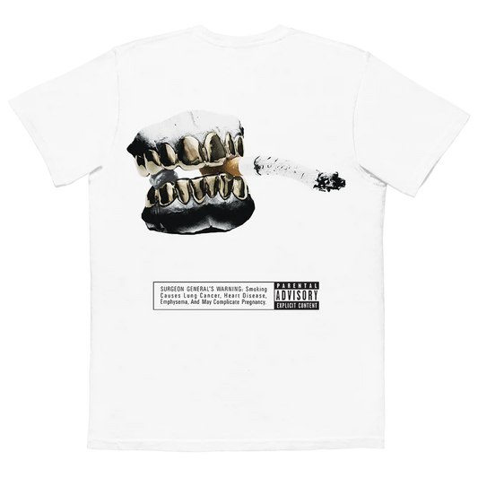 White Post Malone graphic tee back with metallic grill artwork and Go Flex inspired vintage smoking design