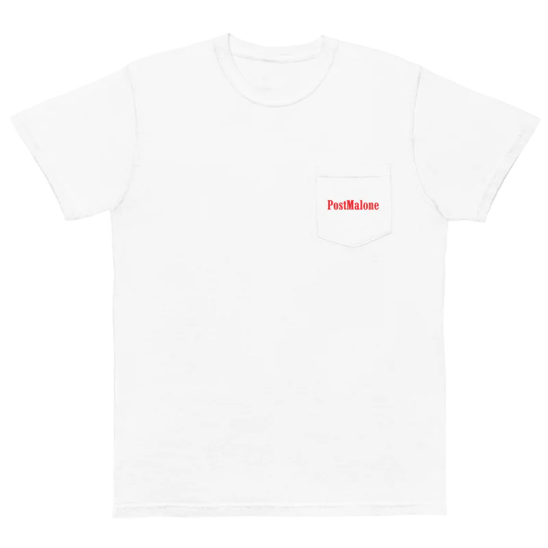 White Post Malone merch T-shirt front with red pocket logo and minimalist vintage streetwear aesthetic