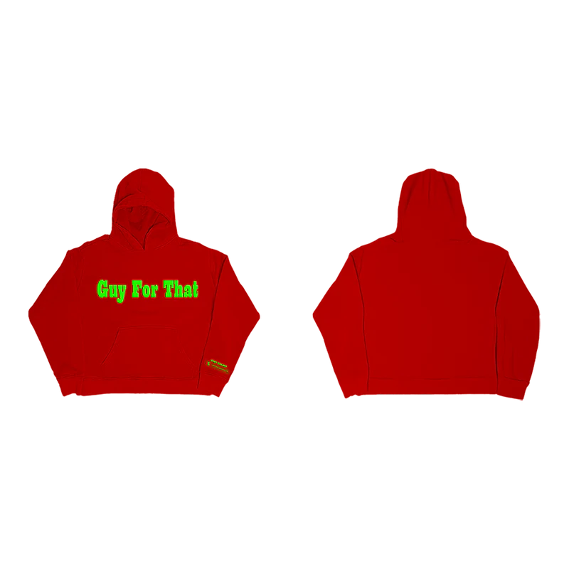 Red Post Malone graphic hoodie with neon Guy For That lettering and bold minimalist streetwear merch design