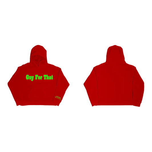 Red Post Malone graphic hoodie with neon Guy For That lettering and bold minimalist streetwear merch design